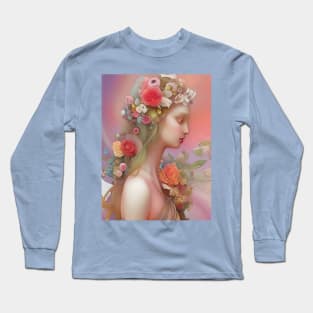 Pretty pastel colored art deco design of a flower goddess girl Long Sleeve T-Shirt